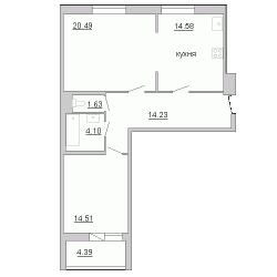 Двухкомнатная квартира 74.2 м²