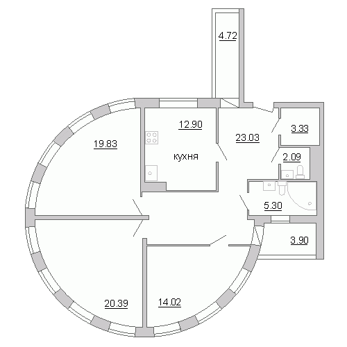 Трёхкомнатная квартира 109.4 м²