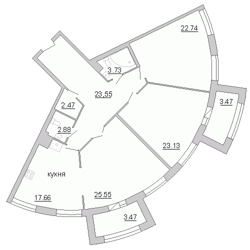 Трёхкомнатная квартира 128.7 м²