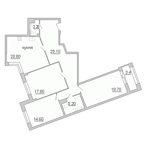 Трёхкомнатная квартира 105.7 м²