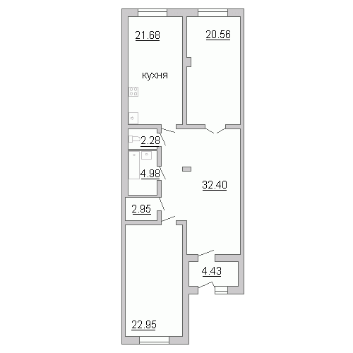 Двухкомнатная квартира 114.7 м²