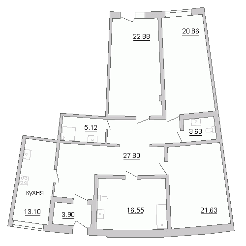 Двухкомнатная квартира 136.7 м²
